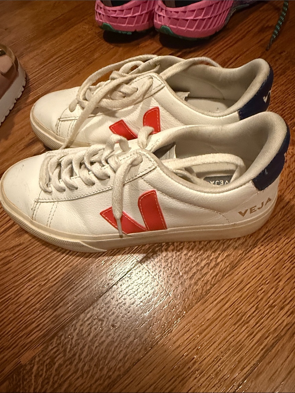 Veja White Sneakers with Orange V Logo and Navy Heel